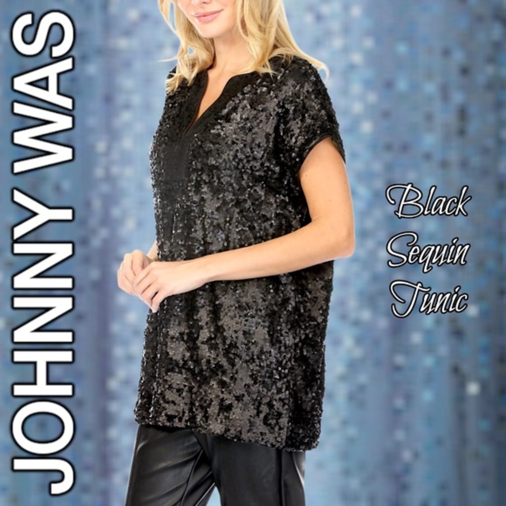 JOHNNY WAS Rena Full-Lined V-Neck BLACK Sequin Covered Tunic Top NWT Size: SM
